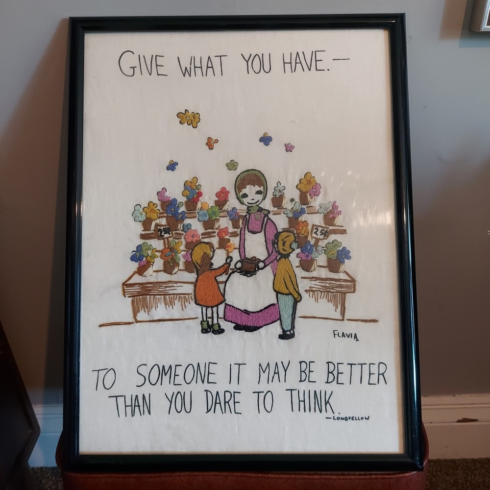 Vintage Flavia Embroidered Art Cute Longfellow Quote Flower Market Framed 25x19